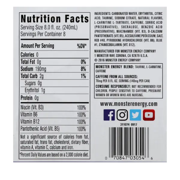 zero calorie monster energy nutrition label